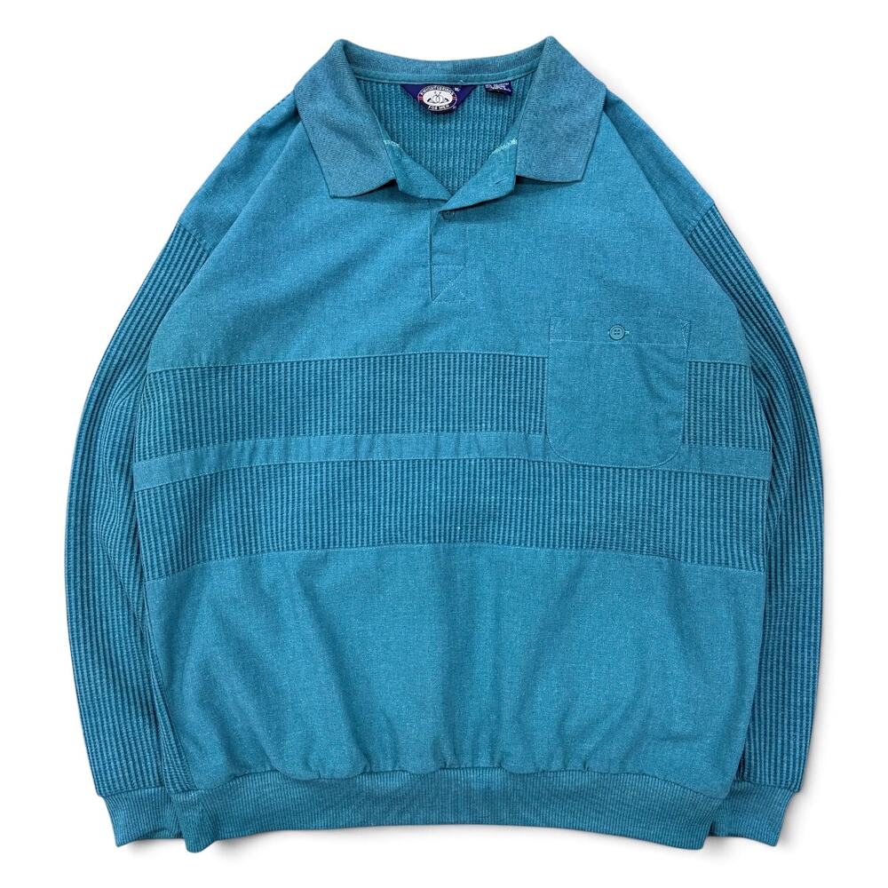 Vintage 80s Knightsbridge Mens Polo Shirt Texture Waffle Knit Turquoise Teal XL